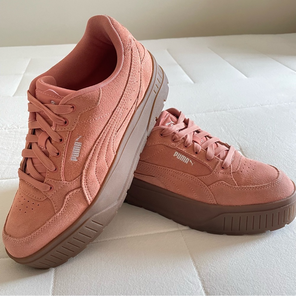 Puma Womens Coral Peach Suede Platform Karmen II Idol Sneakers, Size 10 - Picture 2 of 16